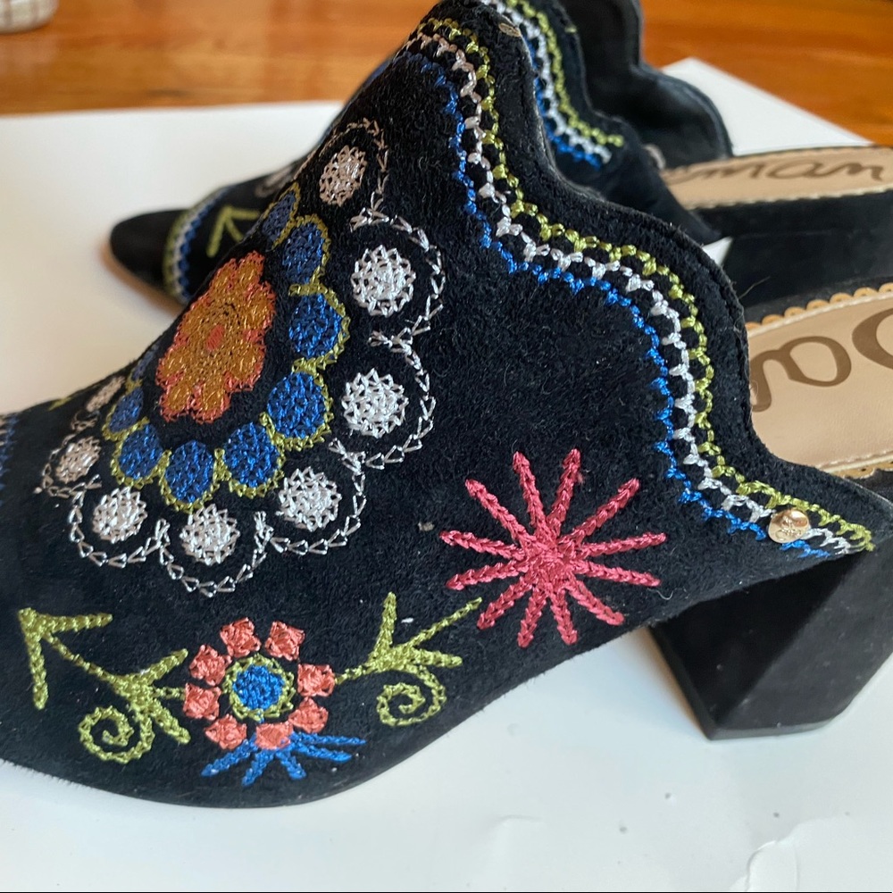 Sam Edelman Black Mules with Colorful Embroidery